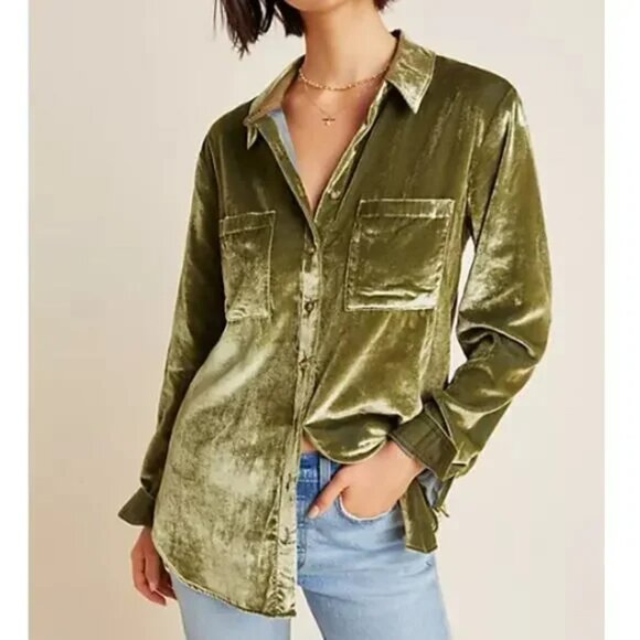 Anthropologie Tops - Maeve Anthropologie Karina Velvet Velour Long Sleeve Button Down Shirt Green 10